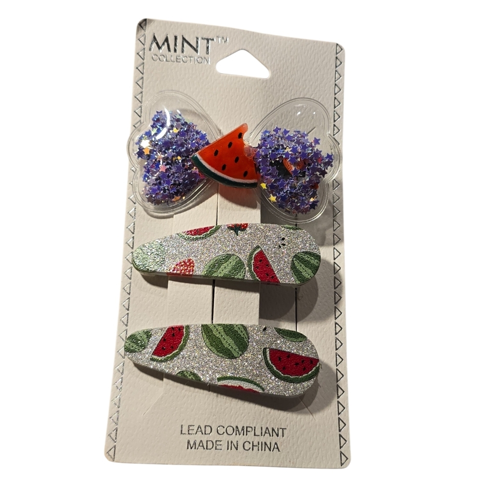 Watermelon Hair‎ Clip Set - Glitter & Star Accents